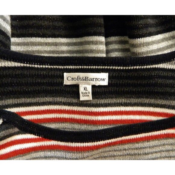 Croft & Barrow Striped Knit Top XL Black Silver Red Gray Scoop Neck 3/4 Sleeve - Picture 8 of 8